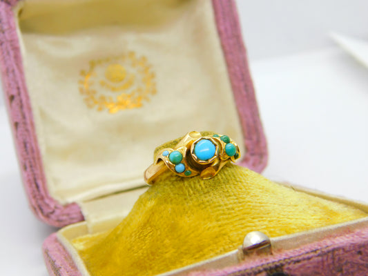 Victorian 18ct Yellow Gold & Turquoise Set Sweetheart Band Ring c1860 Antique