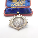 Victorian Sterling Shilling Coin Fan Form Brooch 1887 Antique Jubilee Year