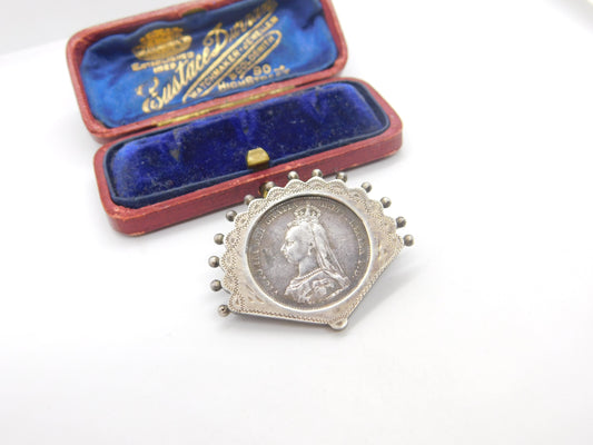 Victorian Sterling Shilling Coin Fan Form Brooch 1887 Antique Jubilee Year