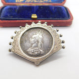 Victorian Sterling Shilling Coin Fan Form Brooch 1887 Antique Jubilee Year