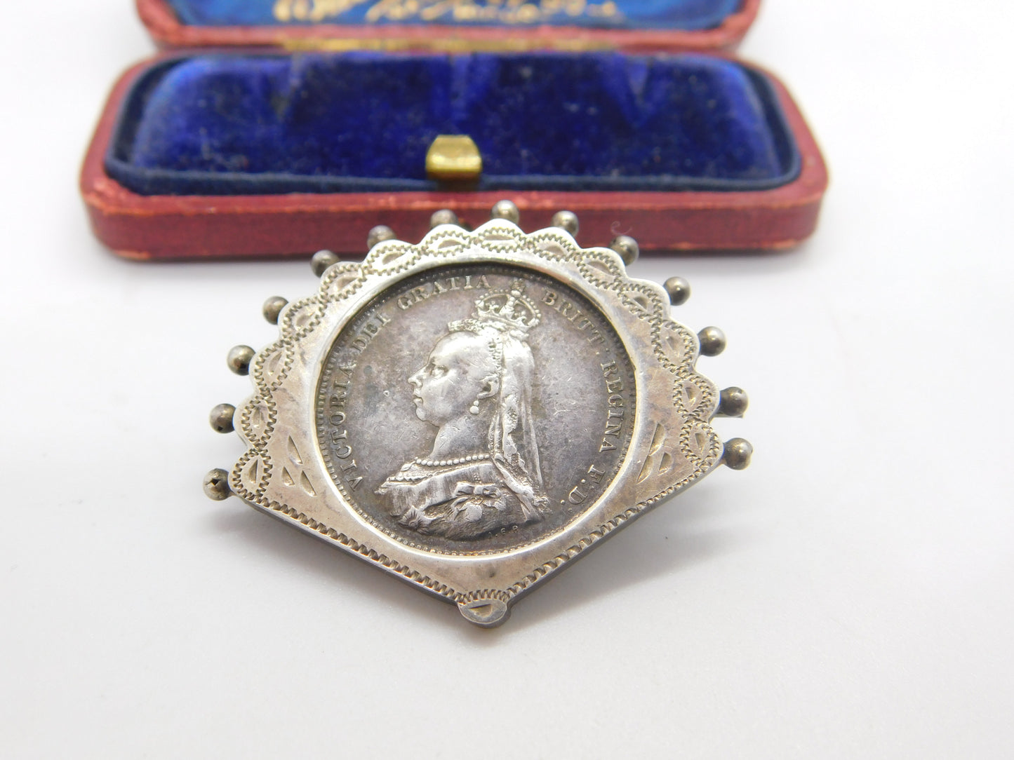 Victorian Sterling Shilling Coin Fan Form Brooch 1887 Antique Jubilee Year