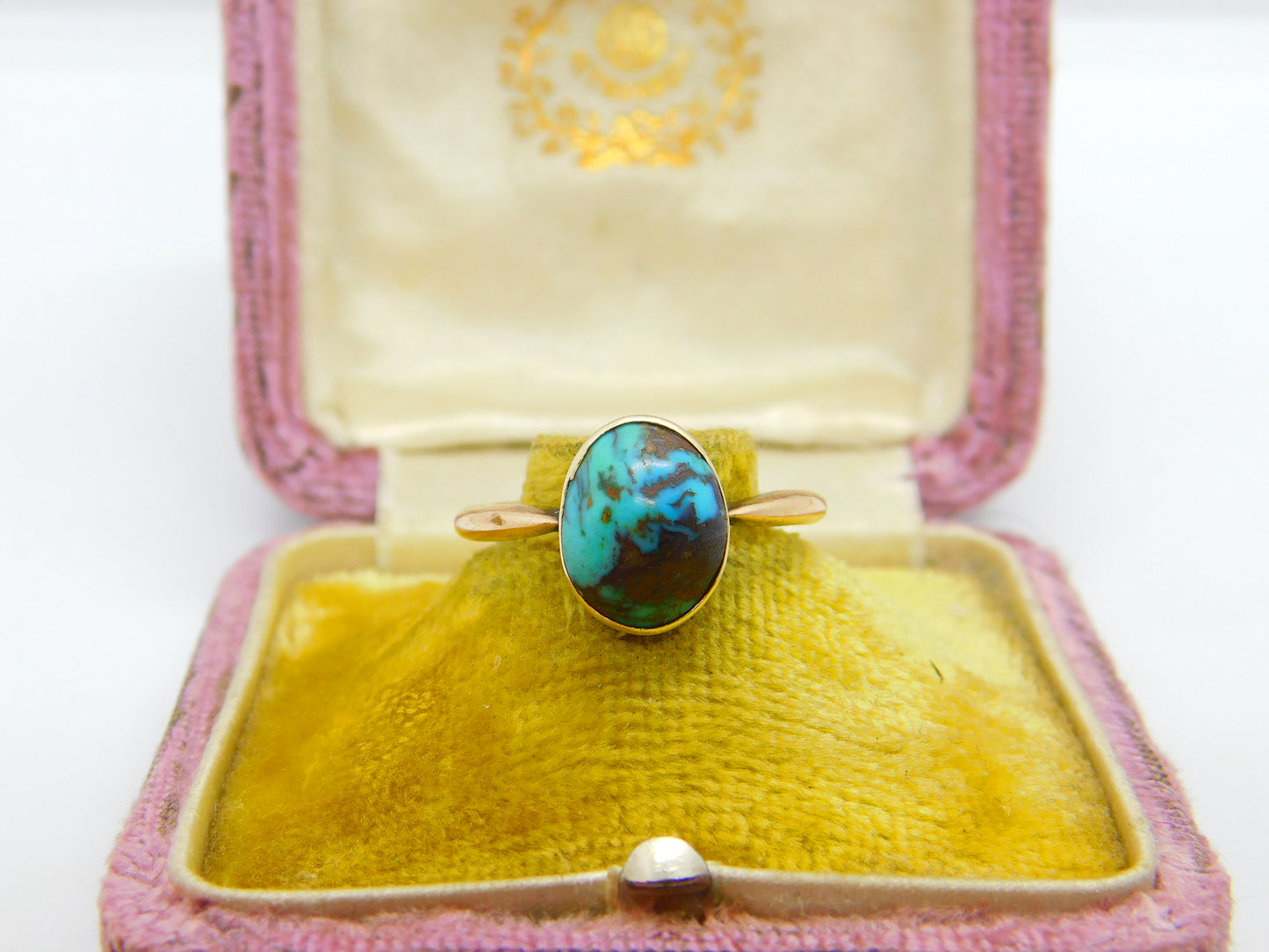 Victorian 9ct Rose Gold & Cabochon Natural Turquoise Signet Ring c1900 Antique