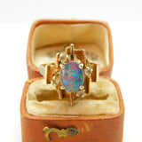 Modernist 9ct Gold, Cabochon Opal & Spinel Set Statement Ring Vintage c1960