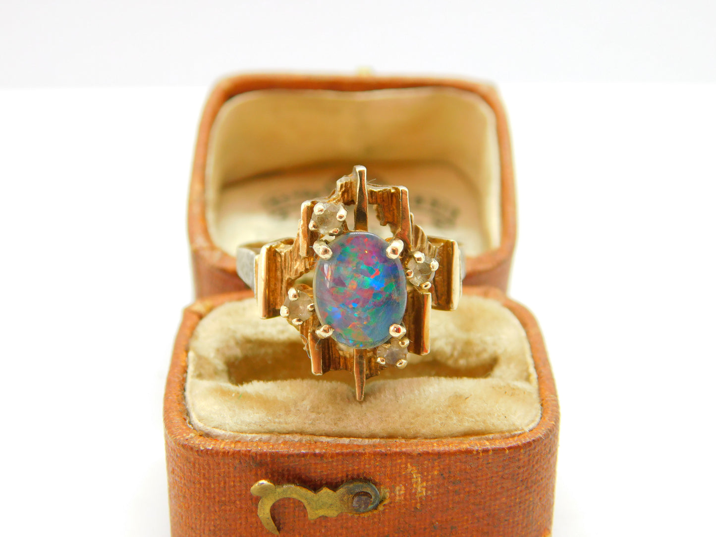 Modernist 9ct Gold, Cabochon Opal & Spinel Set Statement Ring Vintage c1960