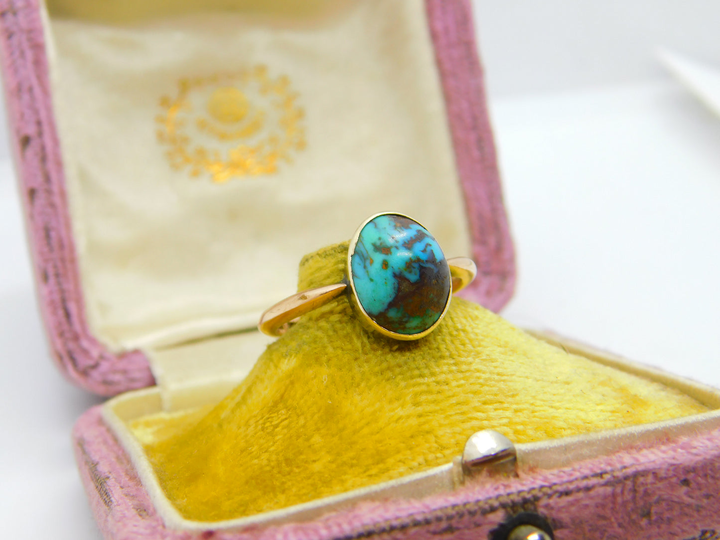 Victorian 9ct Rose Gold & Cabochon Natural Turquoise Signet Ring c1900 Antique