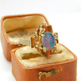 Modernist 9ct Gold, Cabochon Opal & Spinel Set Statement Ring Vintage c1960