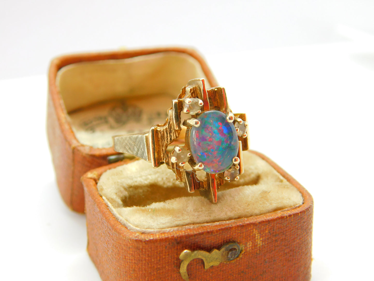 Modernist 9ct Gold, Cabochon Opal & Spinel Set Statement Ring Vintage c1960