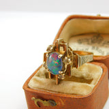 Modernist 9ct Gold, Cabochon Opal & Spinel Set Statement Ring Vintage c1960