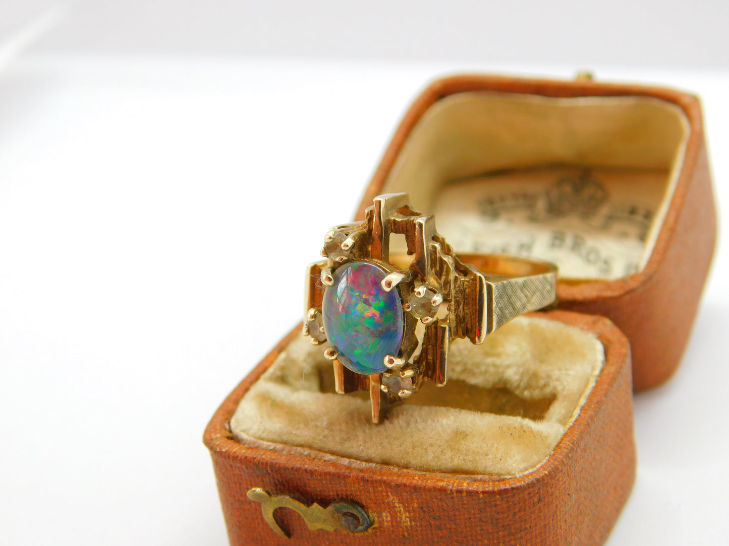 Modernist 9ct Gold, Cabochon Opal & Spinel Set Statement Ring Vintage c1960