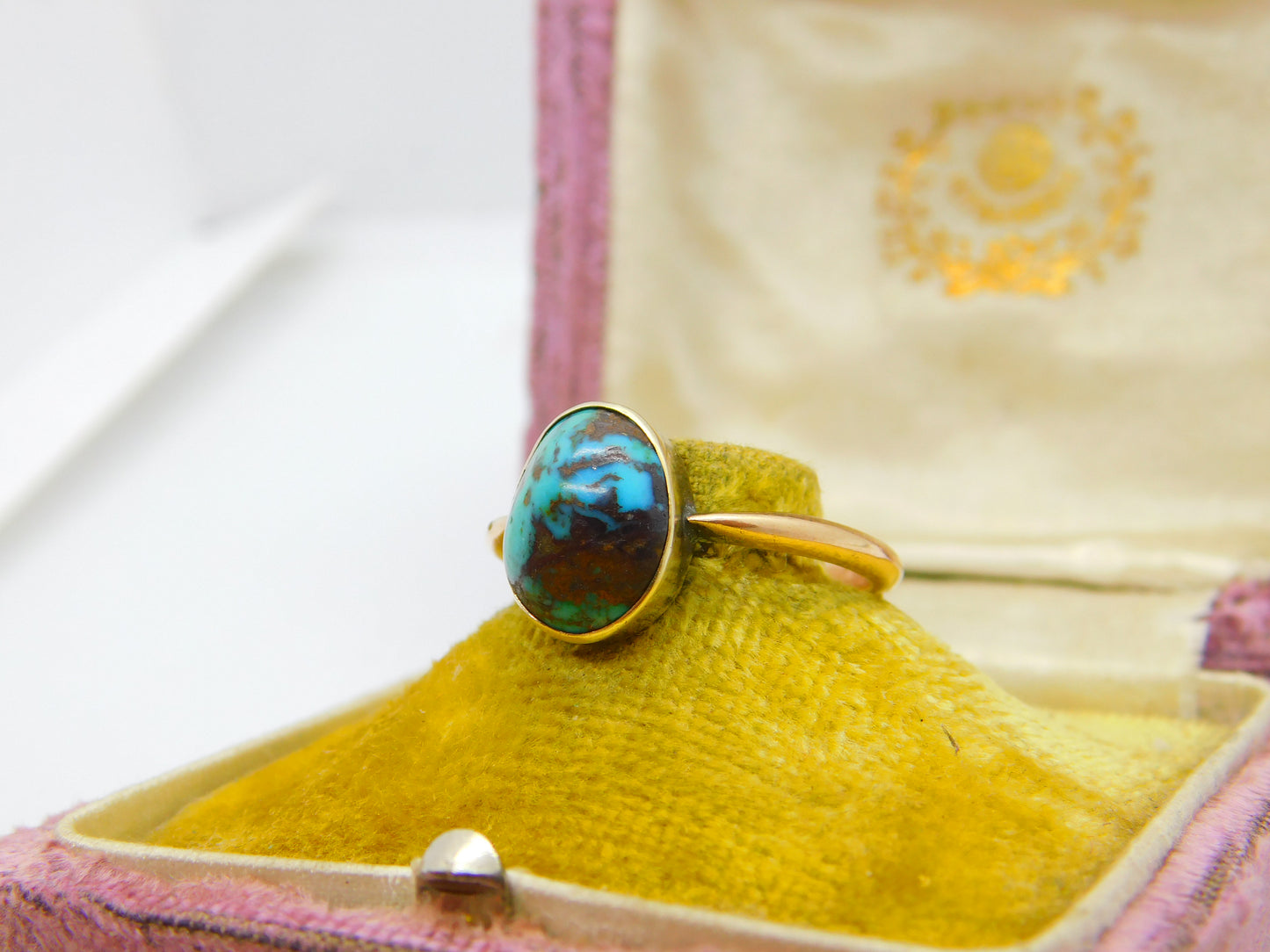 Victorian 9ct Rose Gold & Cabochon Natural Turquoise Signet Ring c1900 Antique