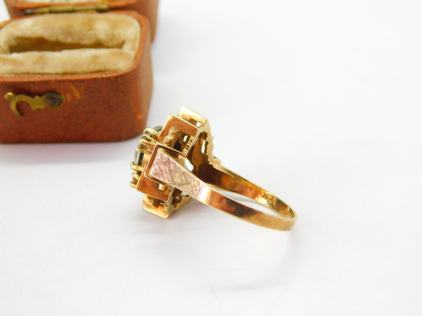 Modernist 9ct Gold, Cabochon Opal & Spinel Set Statement Ring Vintage c1960