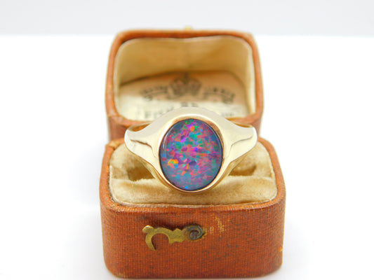 9ct Yellow Gold Cabochon Doublet Opal Signet Ring Antique c1930 Art Deco