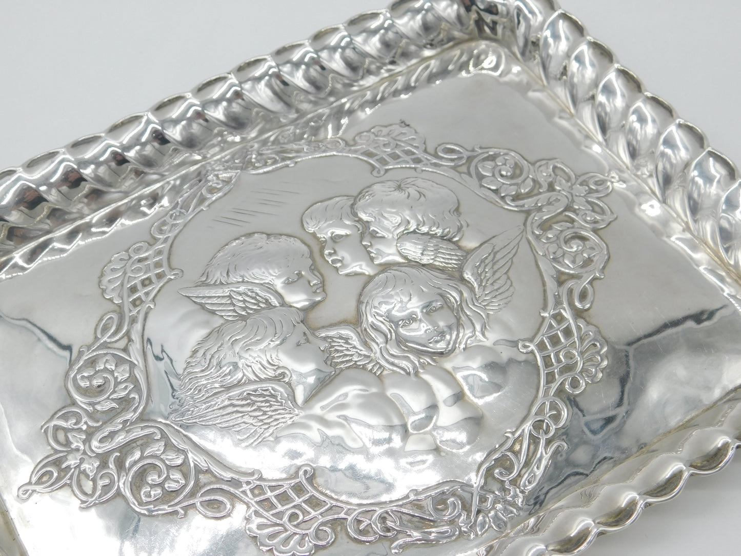 Large Edwardian Sterling Silver Calling Card Tray with Reynolds Angels 1902