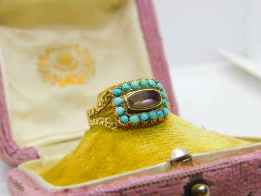 Georgian 18ct Gold, Amethyst & Turquoise Mourning Ring S. J'Anson 1822 London