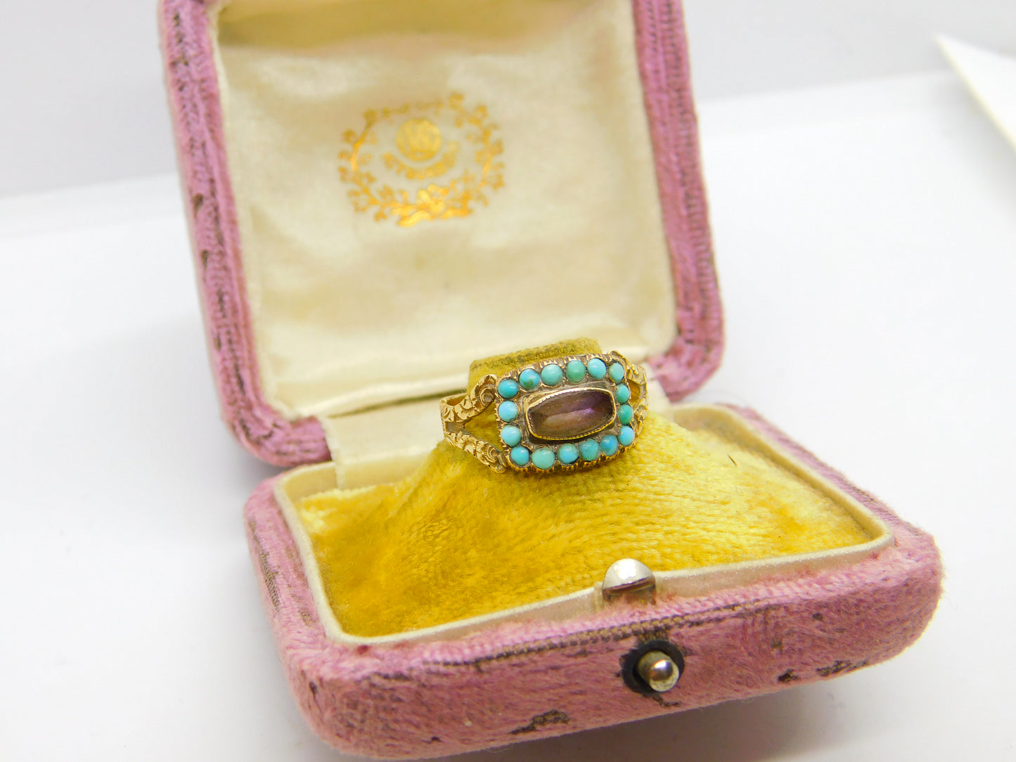 Georgian 18ct Gold, Amethyst & Turquoise Mourning Ring S. J'Anson 1822 London