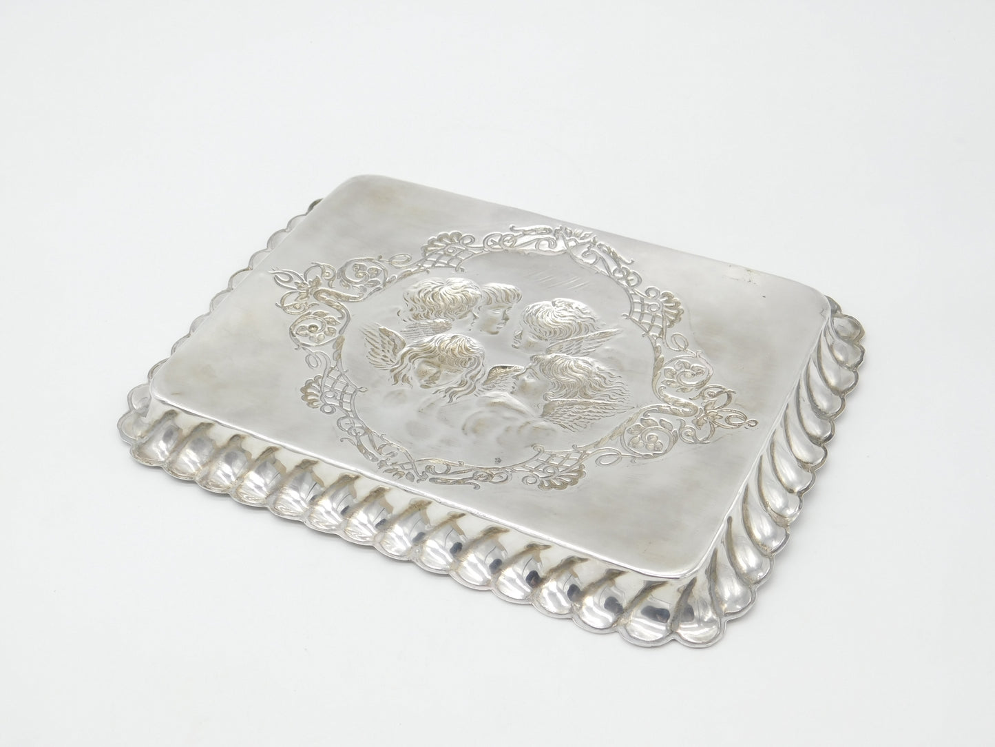 Large Edwardian Sterling Silver Calling Card Tray with Reynolds Angels 1902