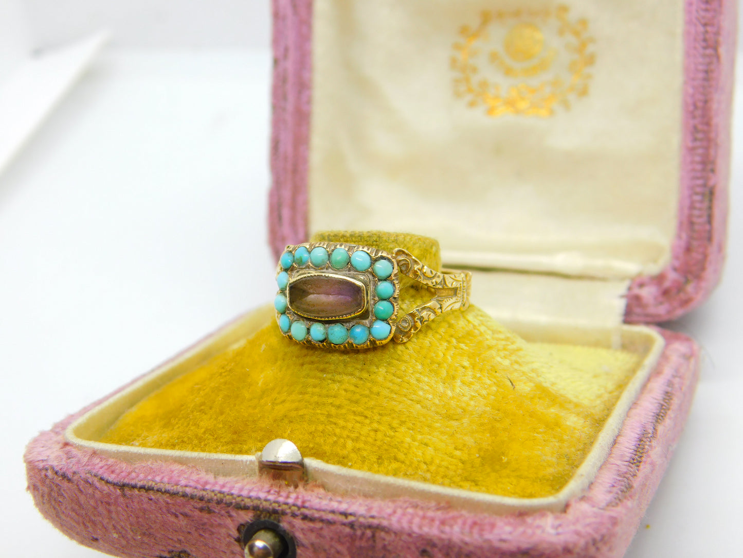 Georgian 18ct Gold, Amethyst & Turquoise Mourning Ring S. J'Anson 1822 London