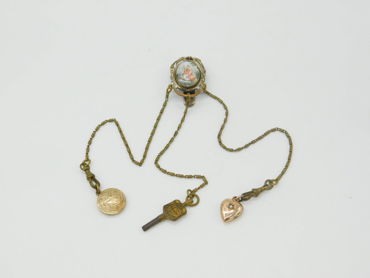 19th Century French Gilt Metal & Porcelain Chatelaine with Key, Charm & Locket