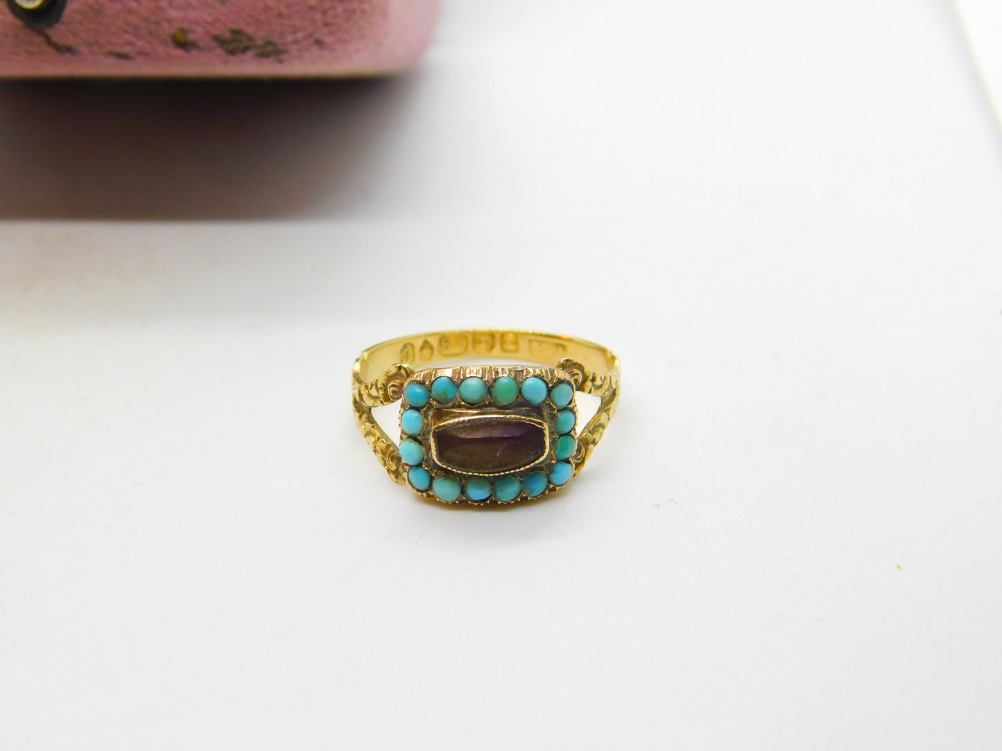 Georgian 18ct Gold, Amethyst & Turquoise Mourning Ring S. J'Anson 1822 London