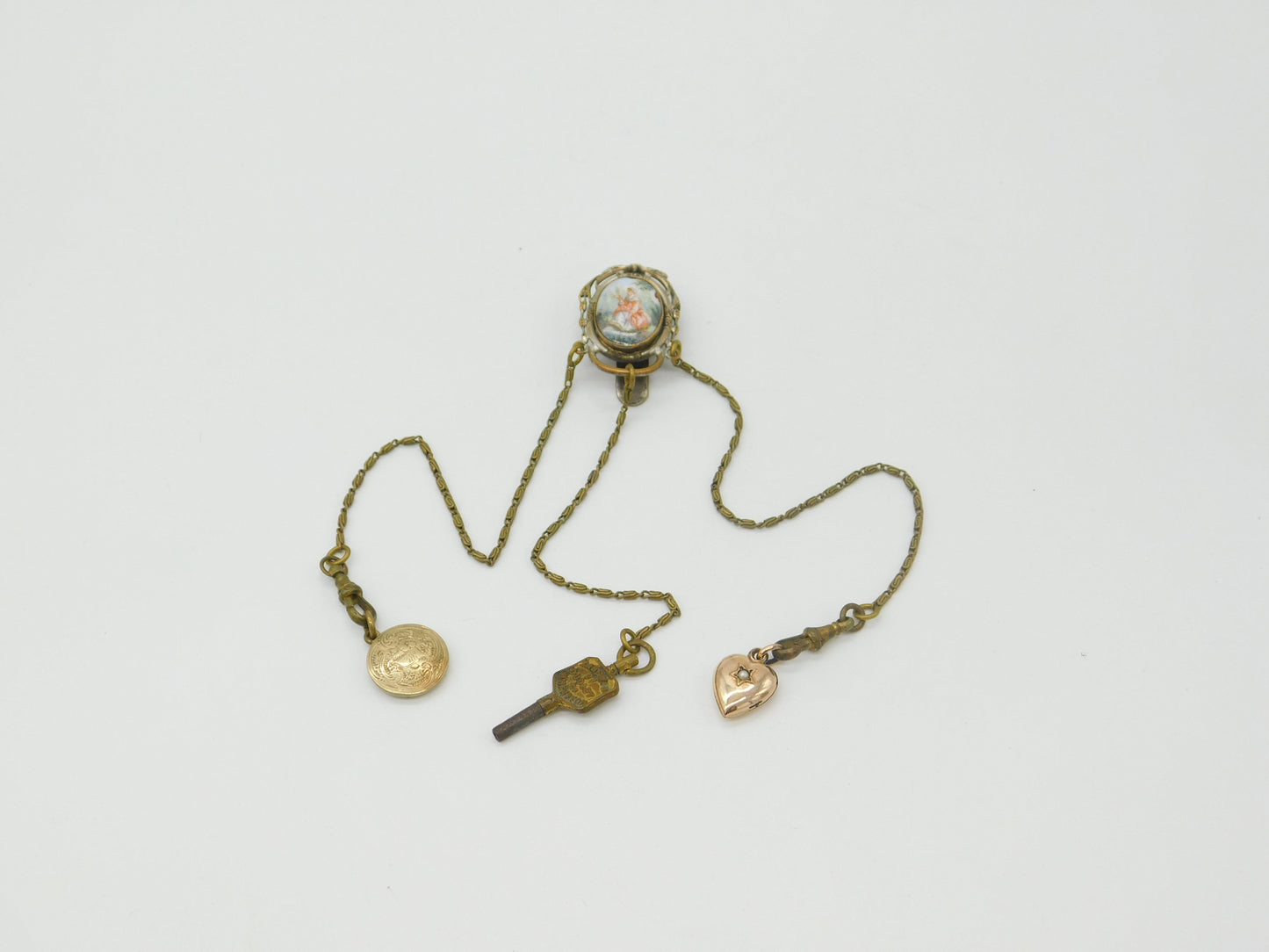 19th Century French Gilt Metal & Porcelain Chatelaine with Key, Charm & Locket