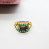 Georgian 18ct Gold, Amethyst & Turquoise Mourning Ring S. J'Anson 1822 London