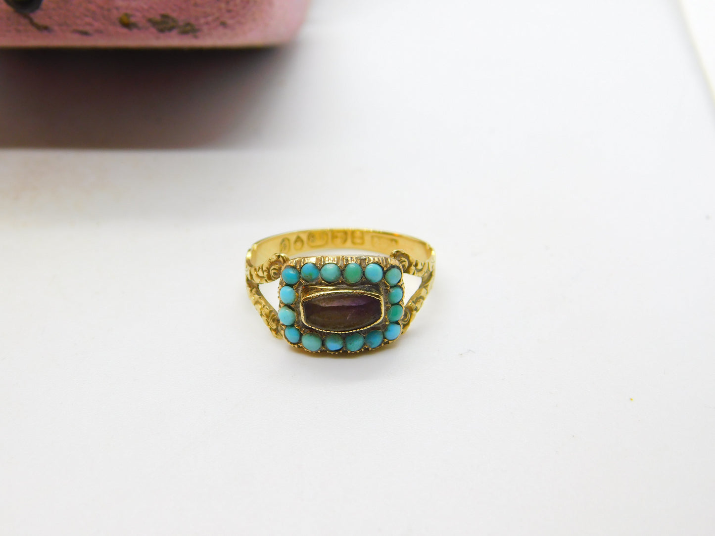 Georgian 18ct Gold, Amethyst & Turquoise Mourning Ring S. J'Anson 1822 London