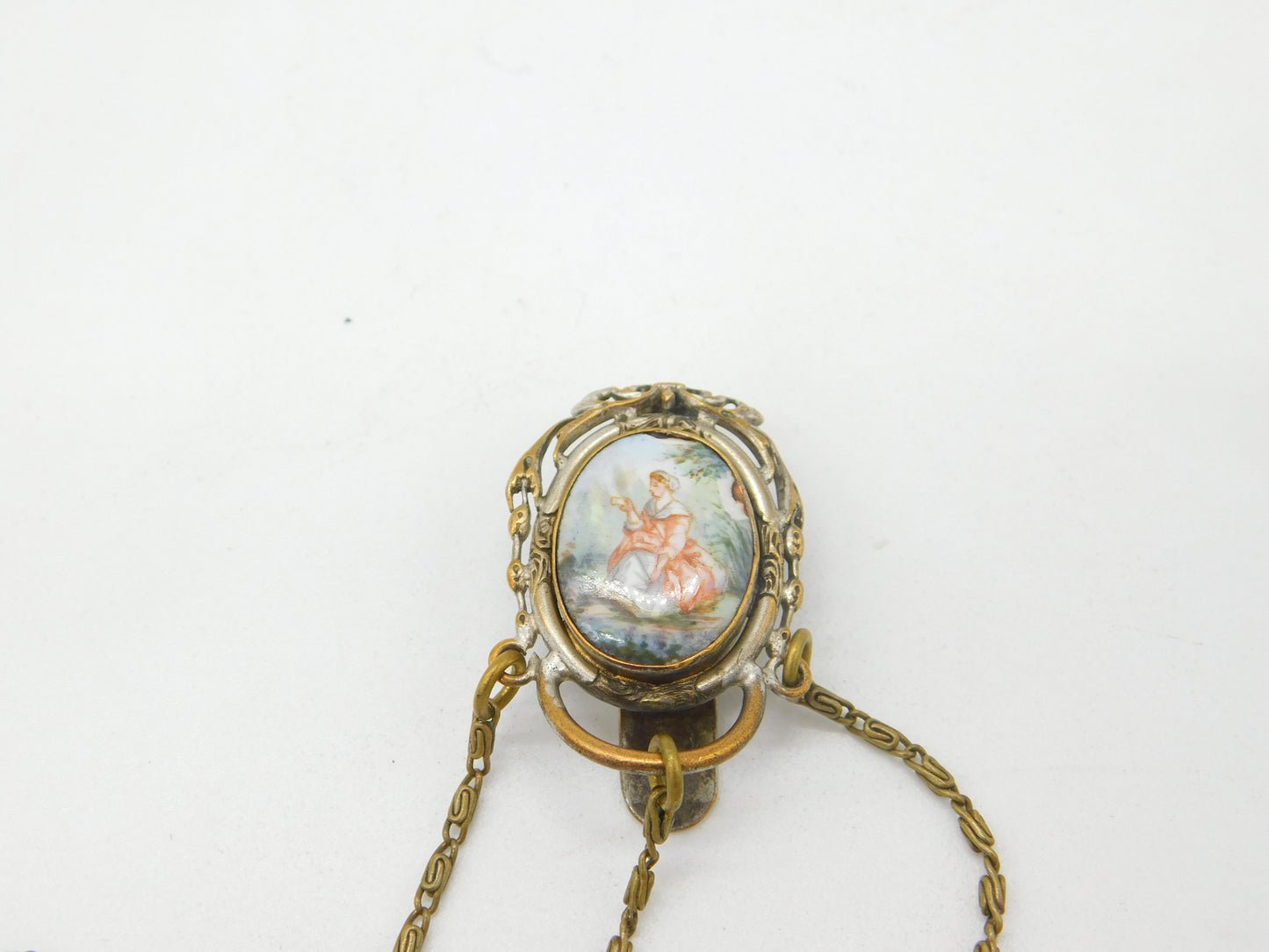 19th Century French Gilt Metal & Porcelain Chatelaine with Key, Charm & Locket