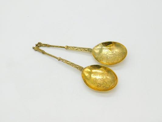 Pair of Victorian Dutch Sterling Silver Gilt Apostle Dessert Spoons c1880