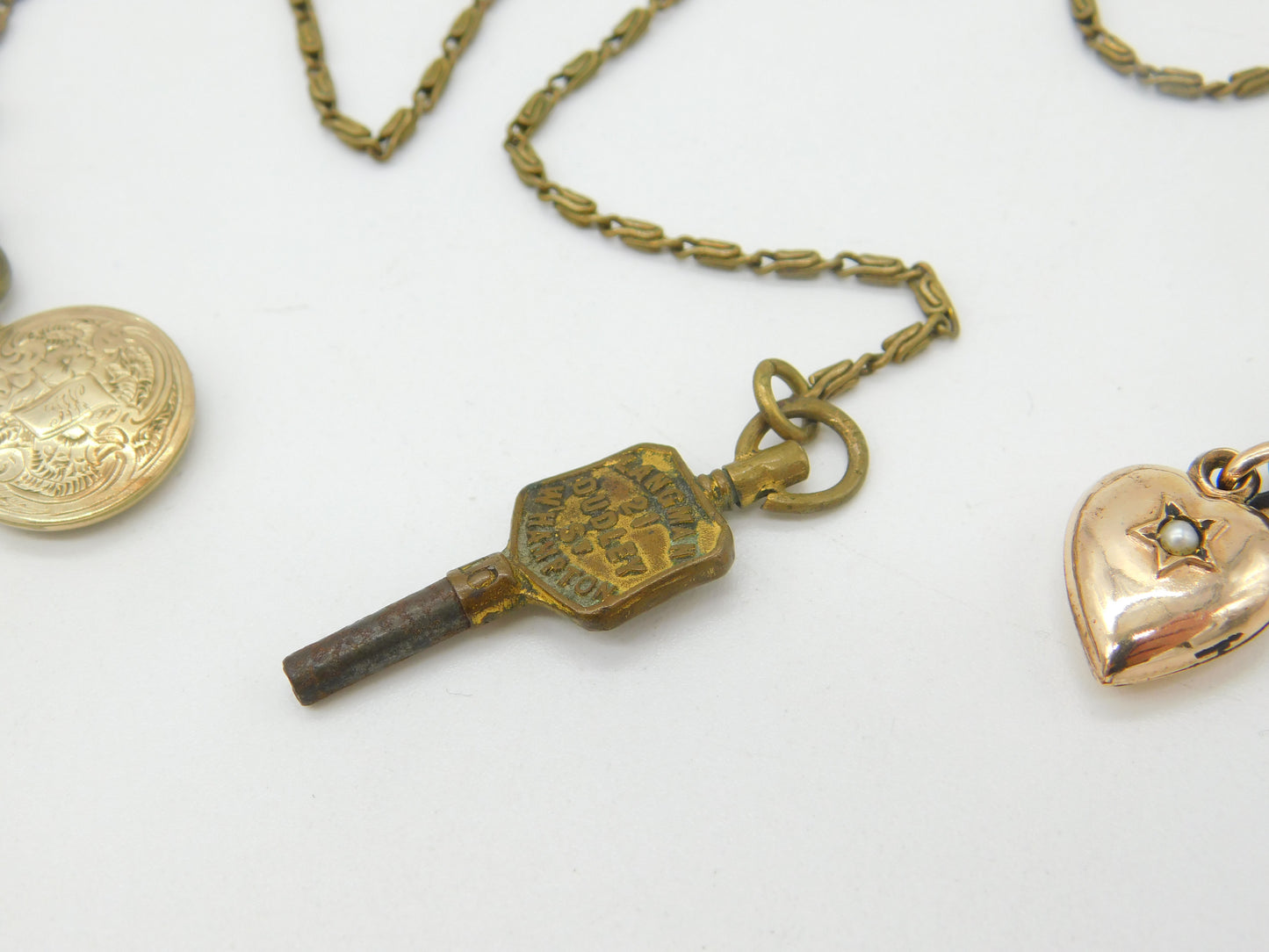 19th Century French Gilt Metal & Porcelain Chatelaine with Key, Charm & Locket