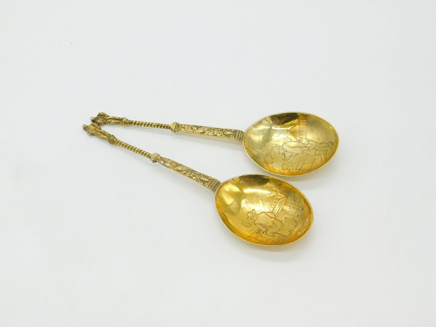 Pair of Victorian Dutch Sterling Silver Gilt Apostle Dessert Spoons c1880