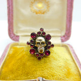 Early Georgian 9ct Gold, Almandine Garnet Set Memento Mori Mourning Skull Ring c1780