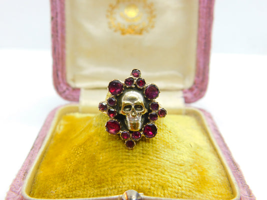 Early Georgian 9ct Gold, Almandine Garnet Set Memento Mori Mourning Skull Ring c1780