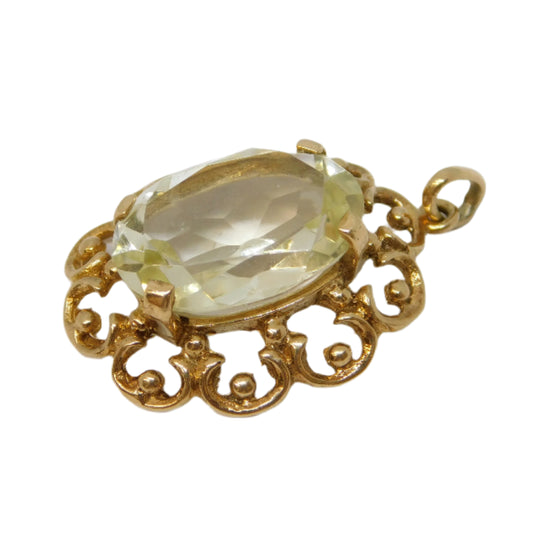 9ct Yellow Gold Carved Citrine Set Floral Drop Pendant Vintage 1968 London