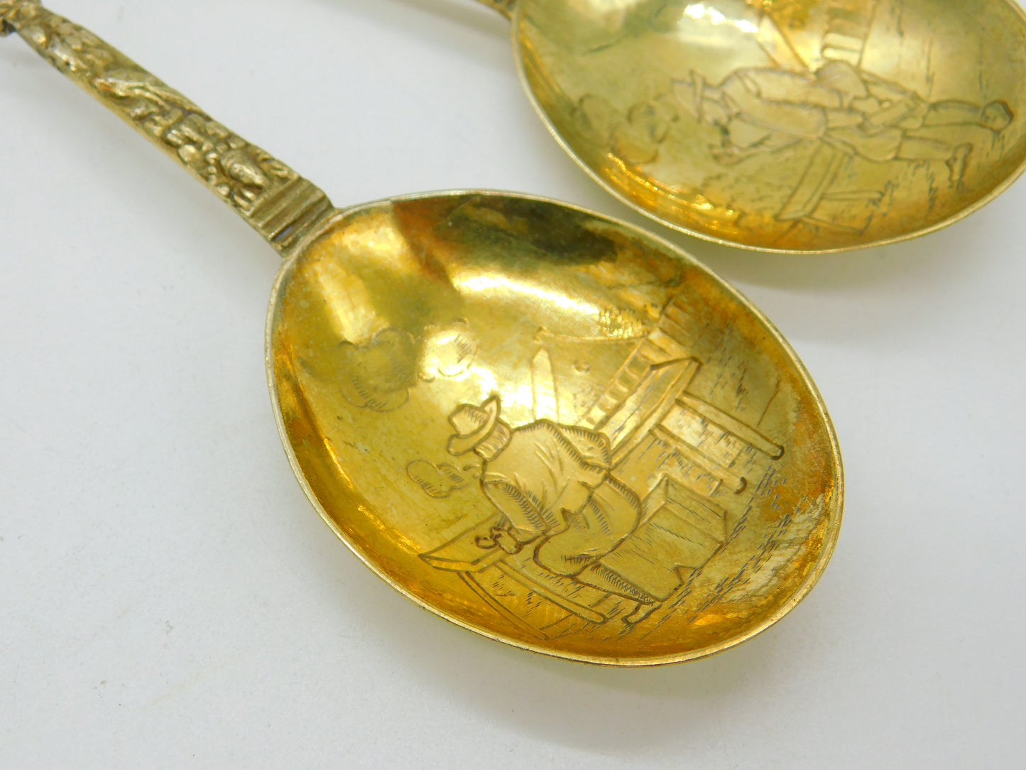 Pair of Victorian Dutch Sterling Silver Gilt Apostle Dessert Spoons c1880