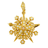 Edwardian 18ct Gold, Seed Pearl Starburst Floral Pendant Brooch Antique c1910