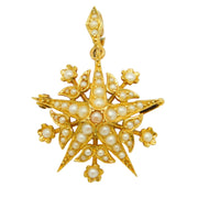 Edwardian 18ct Gold, Seed Pearl Starburst Floral Pendant Brooch Antique c1910