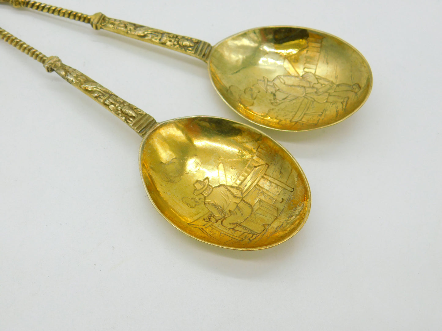 Pair of Victorian Dutch Sterling Silver Gilt Apostle Dessert Spoons c1880