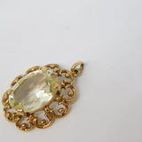 9ct Yellow Gold Carved Citrine Set Floral Drop Pendant Vintage 1968 London