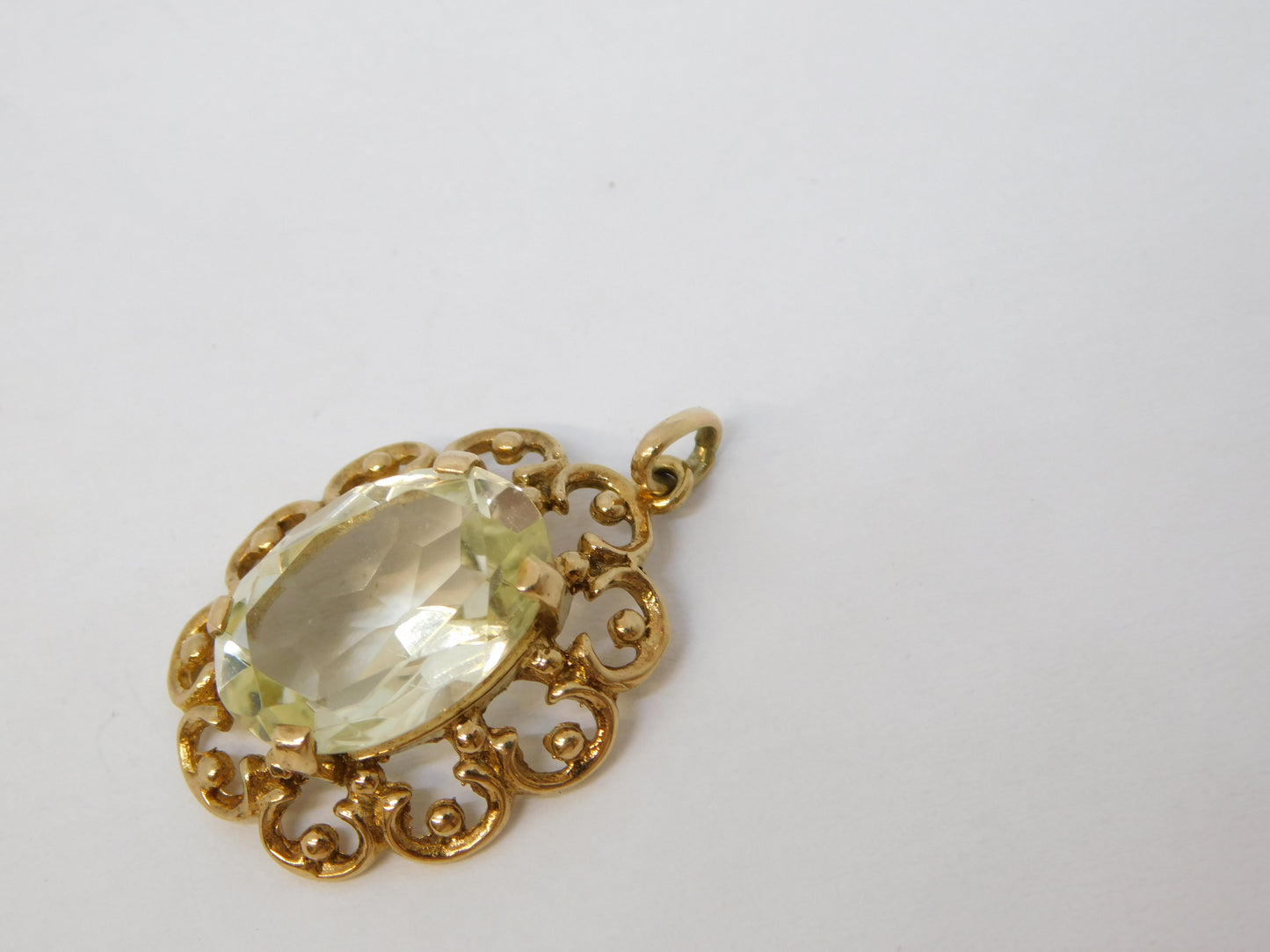 9ct Yellow Gold Carved Citrine Set Floral Drop Pendant Vintage 1968 London