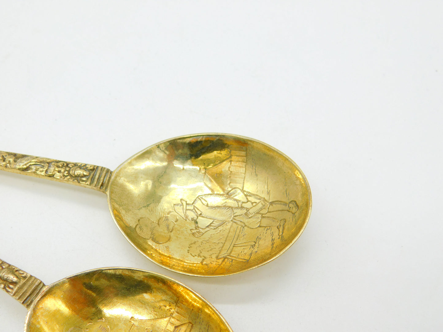 Pair of Victorian Dutch Sterling Silver Gilt Apostle Dessert Spoons c1880