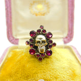 Early Georgian 9ct Gold, Almandine Garnet Set Memento Mori Mourning Skull Ring c1780