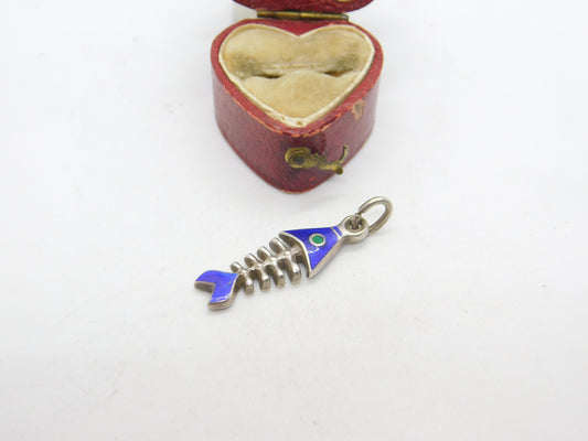 Sterling Silver & Enamel Fish Skeleton Pendant Vintage c1960