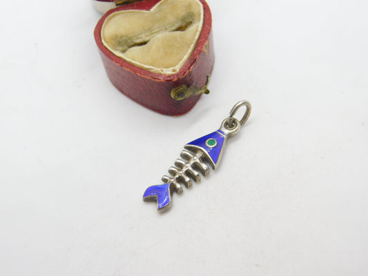 Sterling Silver & Enamel Fish Skeleton Pendant Vintage c1960