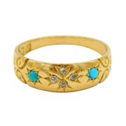 Victorian 18ct Gold, Diamond & Turquoise Floral Dress Ring Antique 1900 London