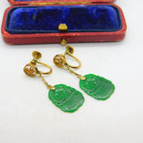 14ct Yellow Gold Character Form Jade Screw-Back Drop Earrings Antique c1940