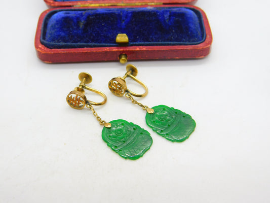 14ct Yellow Gold Character Form Jade Screw-Back Drop Earrings Antique c1940