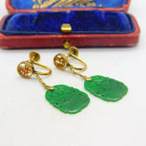 14ct Yellow Gold Character Form Jade Screw-Back Drop Earrings Antique c1940