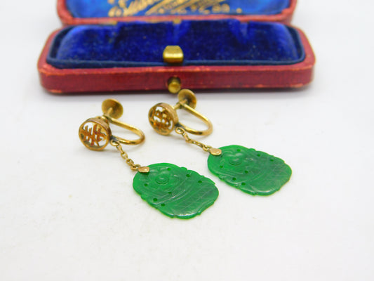 14ct Yellow Gold Character Form Jade Screw-Back Drop Earrings Antique c1940