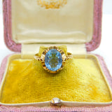 9ct Yellow Gold Imperial Blue Topaz Floral Band Ring 1971 Birmingham Vintage