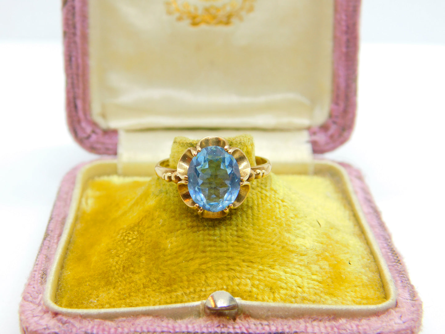 9ct Yellow Gold Imperial Blue Topaz Floral Band Ring 1971 Birmingham Vintage